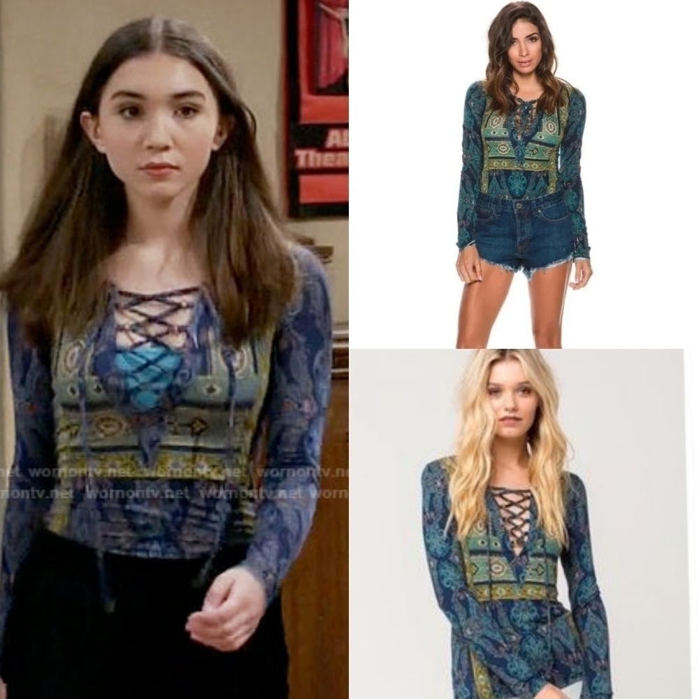ASOTV Free People Aloha Lace-up Plunging Neckline Long Sleeve Soft Tee GMW L